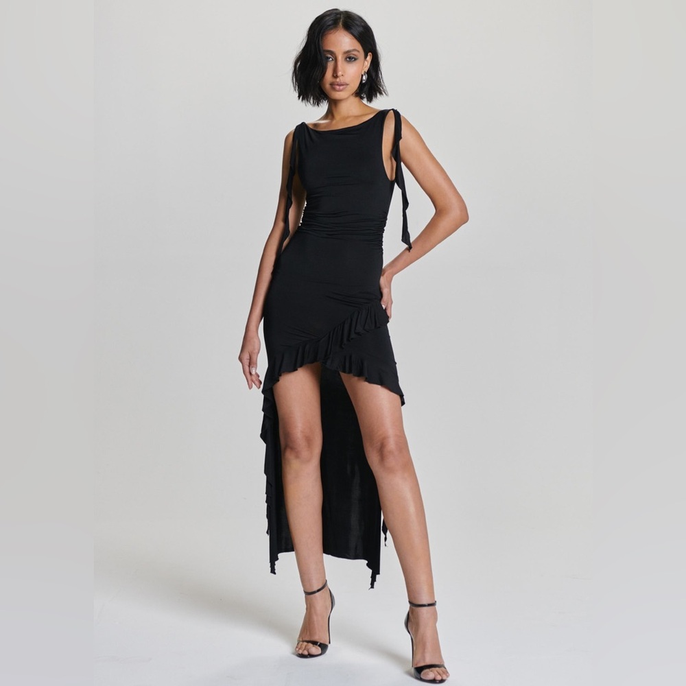 CELINE DRESS 🖤 - Beautiful Black Sleek High-Low Ruffle by Ahiri - Small - NWT